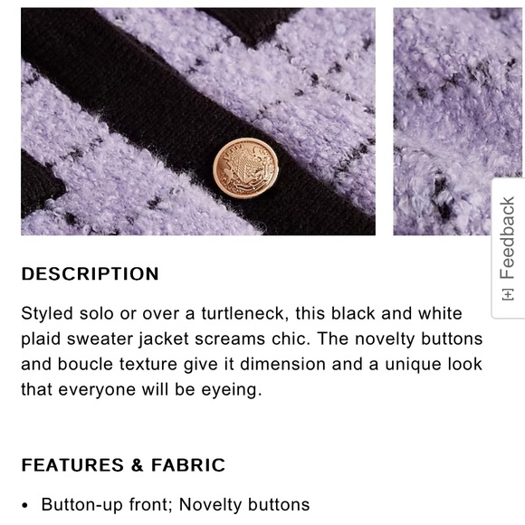 “Express” Chic plaid white/black sweater jacket with novelty buttons; XS; NWOT - Picture 9 of 13